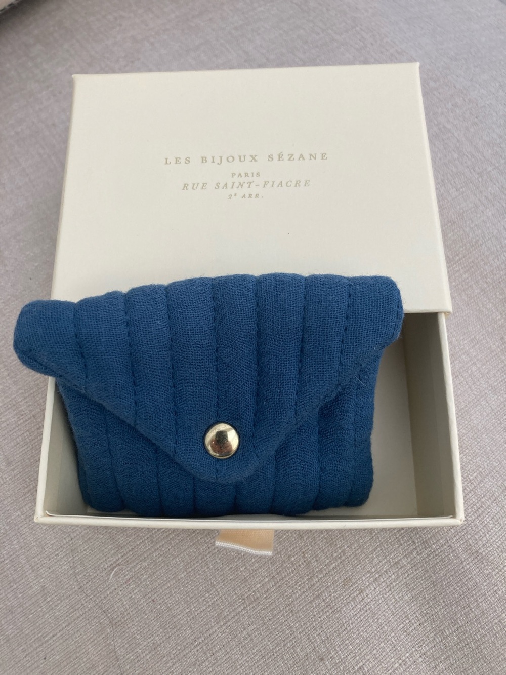 Sézane Quilted Navy Blue Mini Pouch and jewelry box